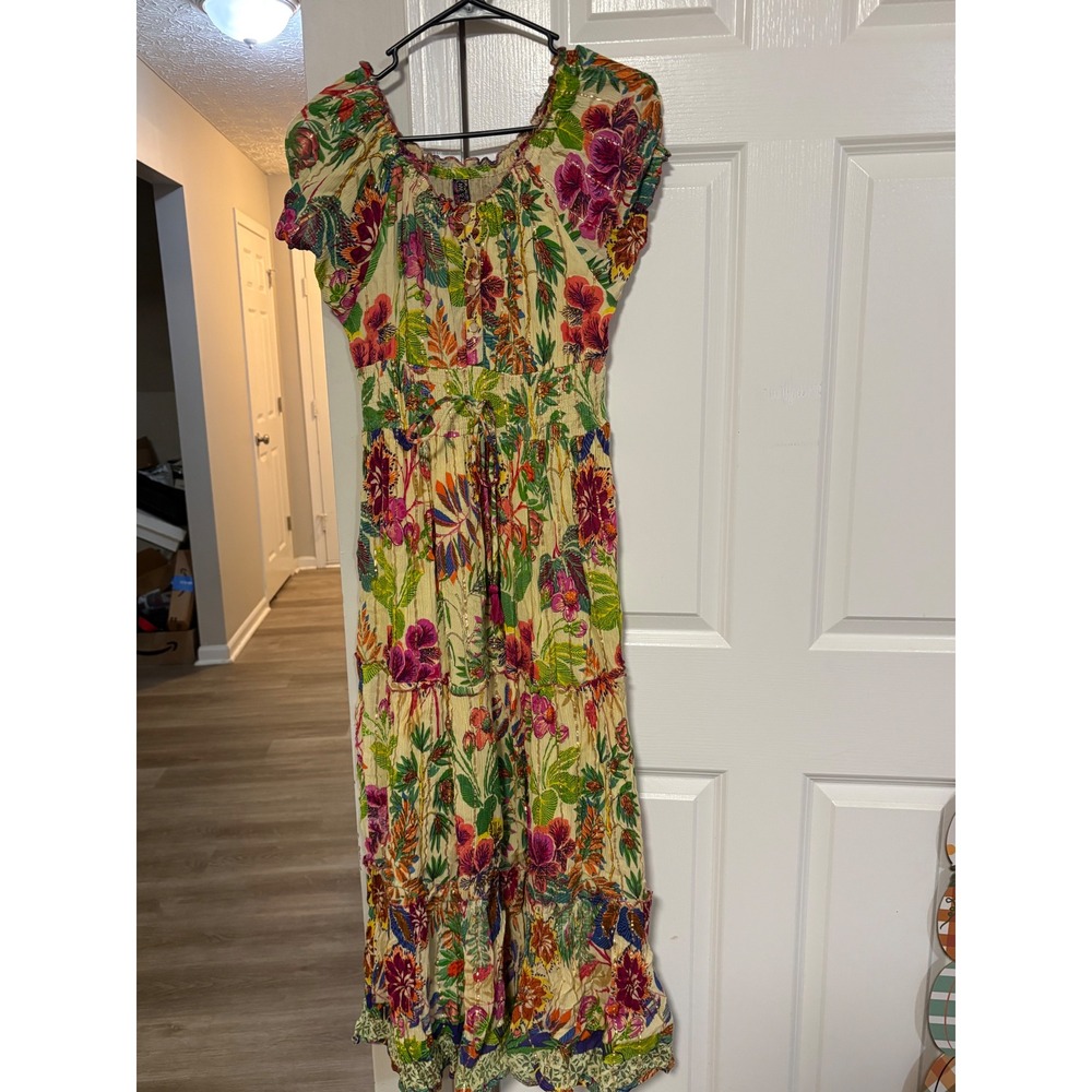 Me 2 Magic Floral Metallic Tiered Maxi Dress Gold Thread Smocked Waist Large